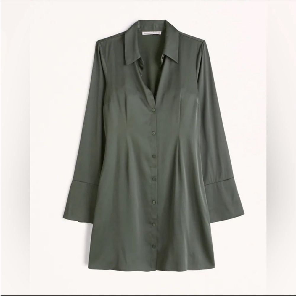 Abercrombie & Fitch Green Satin Long Sleeve Shirt Dress SZ XXS EUC